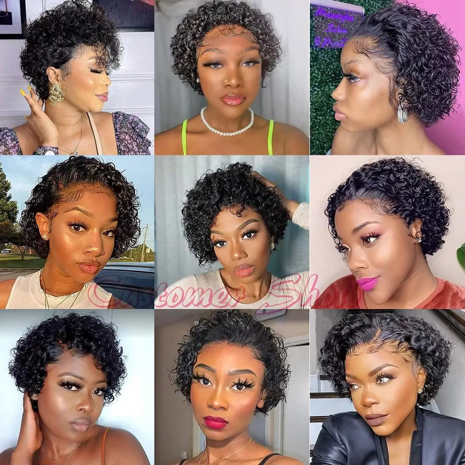 Brésilien Pixie Cut Perruque Cheveux Humains 13X1 Court Bouclé Dentelle Avant Perruques Hu...