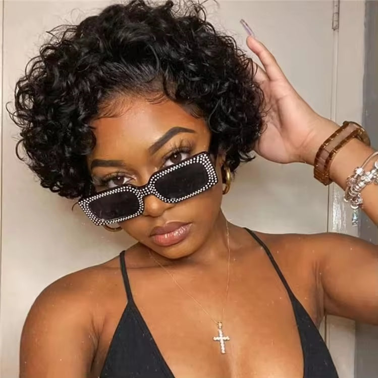 Brésilien Pixie Cut Perruque Cheveux Humains 13X1 Court Bouclé Dentelle Avant Perruques Hu...