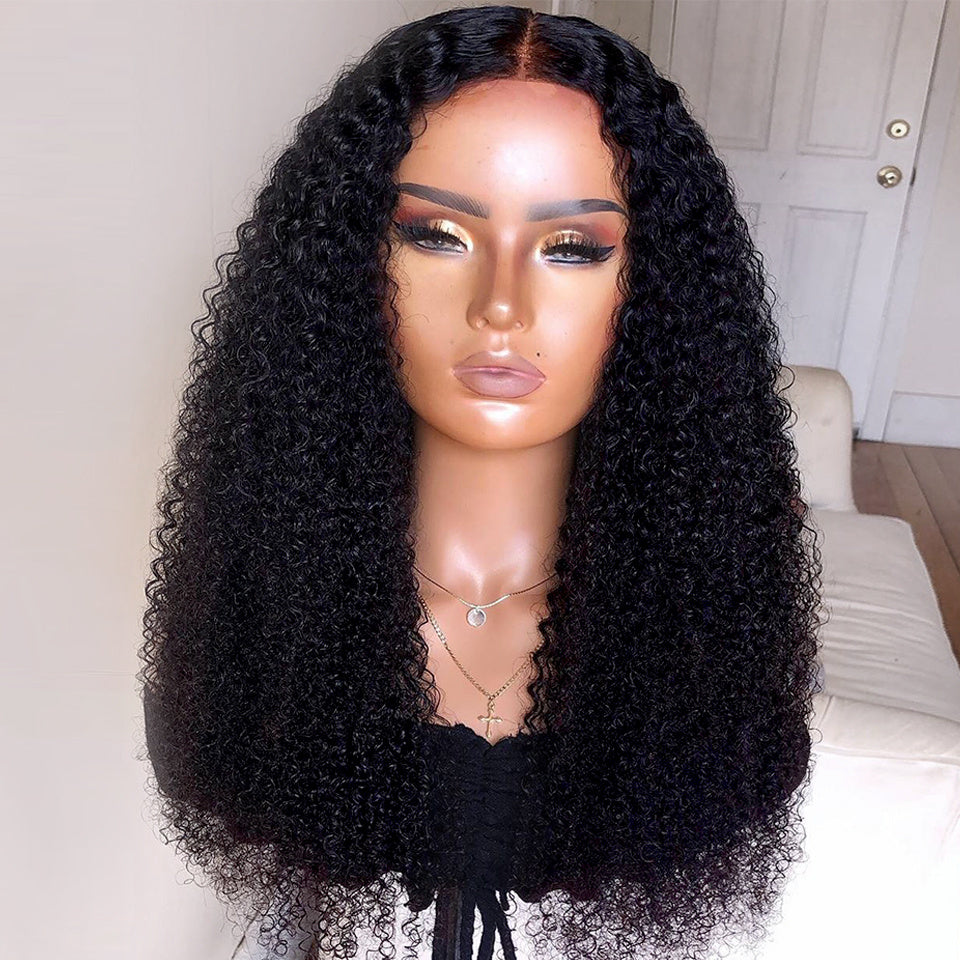 Densité Long Kinky Curly Perruque Dentelle Avant Cheveux Humains Moelleux