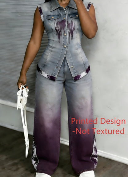 Workwear Style Sleeveless Printed Two-piece Set