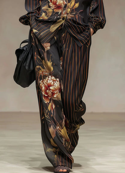 Retro Striped Peony Print Black Chiffon Long Sleeved Shirt And Wide Leg Pants Set