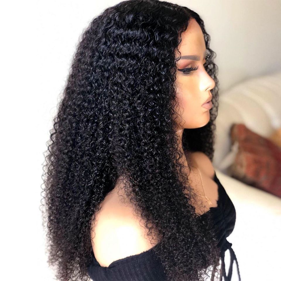 Densité Long Kinky Curly Perruque Dentelle Avant Cheveux Humains Moelleux