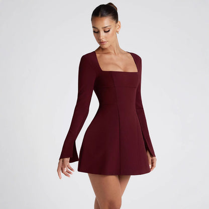 Robe perle à manches longues à col carré européenne et américaine