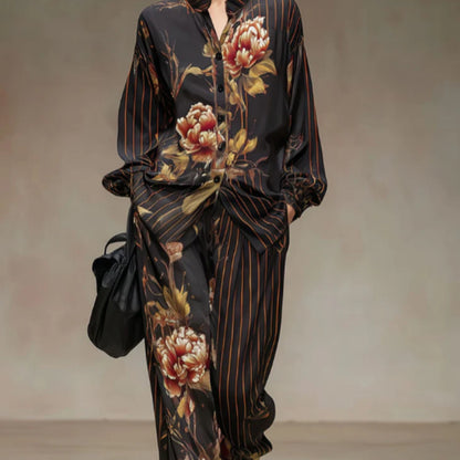 Retro Striped Peony Print Black Chiffon Long Sleeved Shirt And Wide Leg Pants Set
