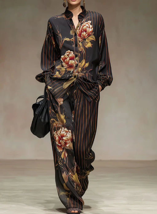 Retro Striped Peony Print Black Chiffon Long Sleeved Shirt And Wide Leg Pants Set