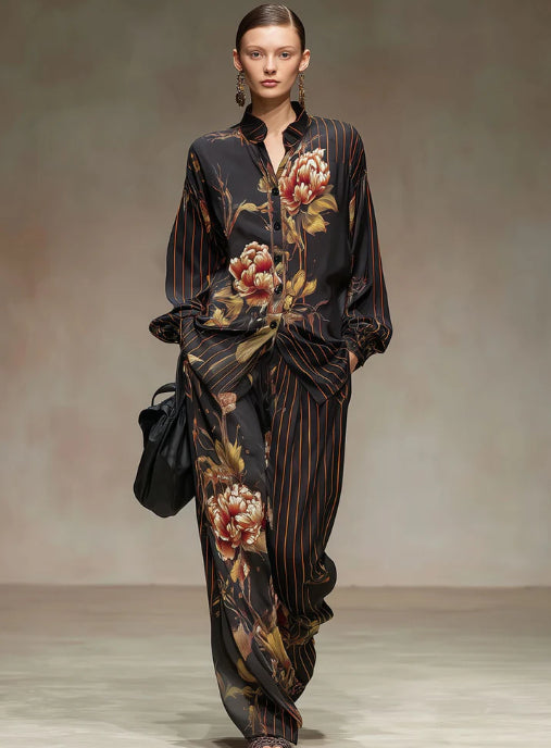 Retro Striped Peony Print Black Chiffon Long Sleeved Shirt And Wide Leg Pants Set
